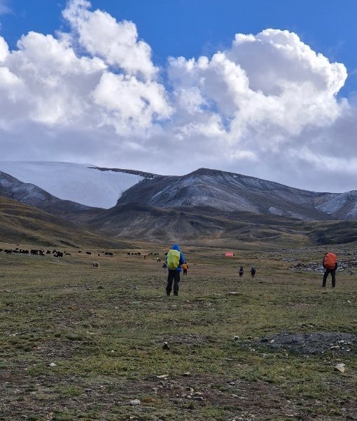 Trekkers crossing an open Himalayan valley
